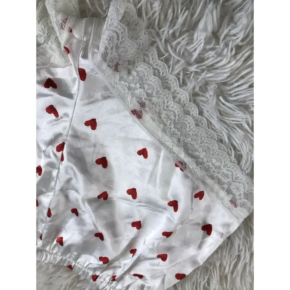 Women's Satin Heart Print Pajama Lace Trim Cami Top Size Medium White